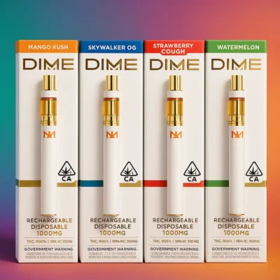 Group photo of five Dime Carts vape strains — Skywalker OG, Wedding Cake, Mango Kush, White Runtz, and Blueberry Kush — with compliance packaging featuring THC labels, California cannabis symbol, and QR code badge on a colorful luxury background.
