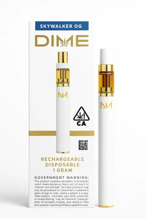 Dime Carts Skywalker OG 500mg vape pen with retail packaging on white background, featuring compliance labels, THC content, and lab test badge.