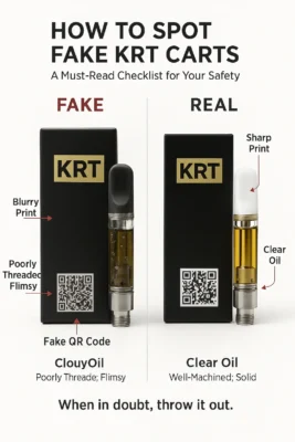 Infographic showing how to spot fake vs real KRT Carts, comparing packaging, oil clarity, hardware, and QR codes.