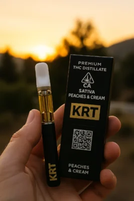 Lifestyle photo of KRT Carts Peaches & Cream vape cartridge and retail packaging held outdoors at sunset.