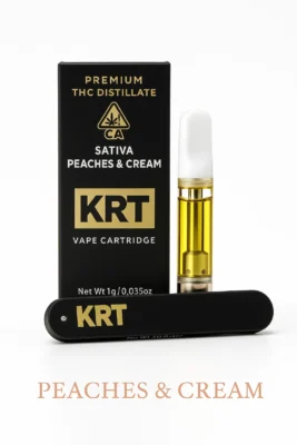 KRT Carts Peaches & Cream vape cartridge and disposable stick with retail packaging on white background.