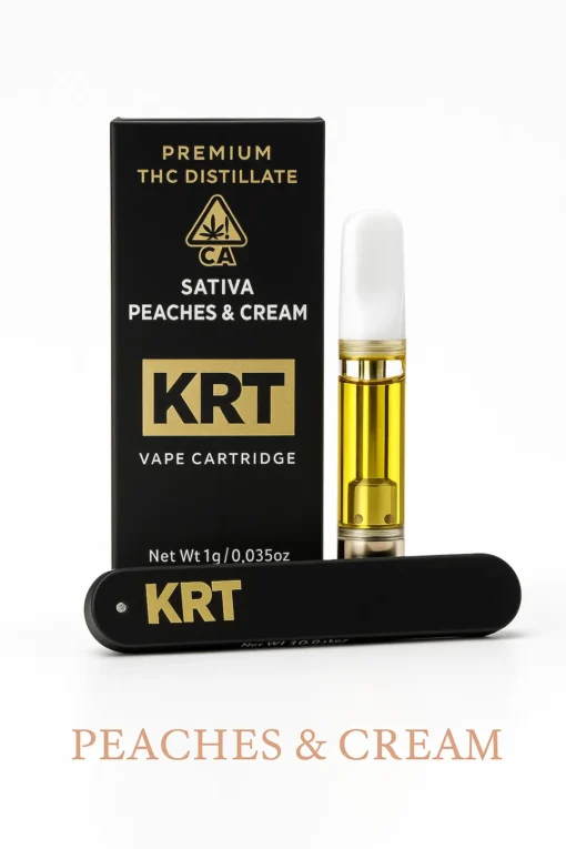 KRT Carts Peaches & Cream vape cartridge and disposable stick with retail packaging on white background.