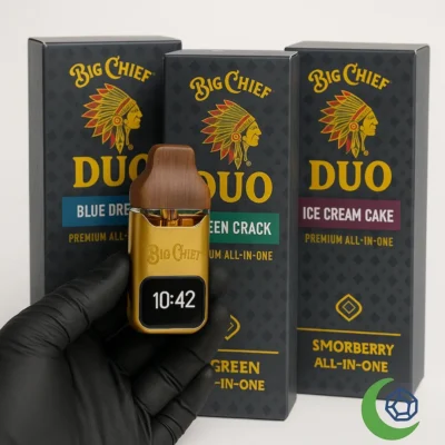 Big Chief DUO Vape Display with Timer and Multiple Flavors – Blue Dream, Green Crack, Ice Cream Cake