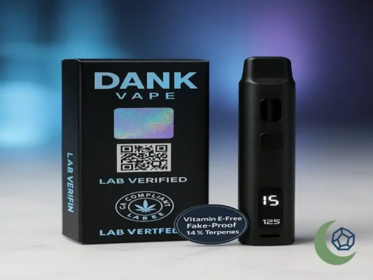Authentic Dank Vapes Pro disposable with holographic lab verification sticker, 14% terpenes, and vitamin E-free oil. Moonrock Online Shop's counterfeit-proof packaging with batch-specific QR code for third-party test results