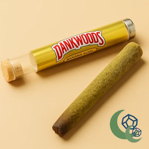 buy-dankwoods-online-banana-kush-main Buy Dankwoods online – Banana Kush strain in gold-labeled tube with a kief-coated pre-roll on soft beige background. Available at MoonrockOnlineShop.