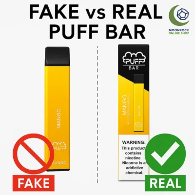 Side-by-Side Comparison of Fake vs Real Mango Puff Bar with Moonrock Logo