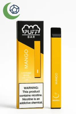 – Close-Up of Mango Puff Bar Vape with Moonrock Logo and Lab-Verified Box