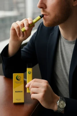 Buy Puff Bars Online – Mango Flavor Lifestyle Vape Photo with Moonrock Logo