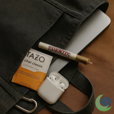 Buy Dankwoods online from MoonrockOnlineShop – pre-roll tucked beside a MacBook, Tazo chai tea, and AirPods in a gray canvas work bag.