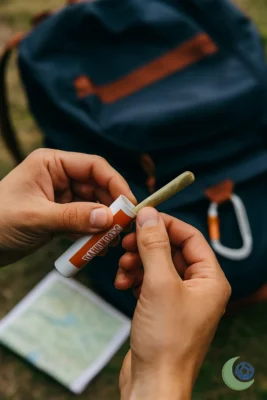 "Hand peeling open a Dankwoods smell-proof tube with fresh 0.75g pre-roll emerging, adventure backpack in background"