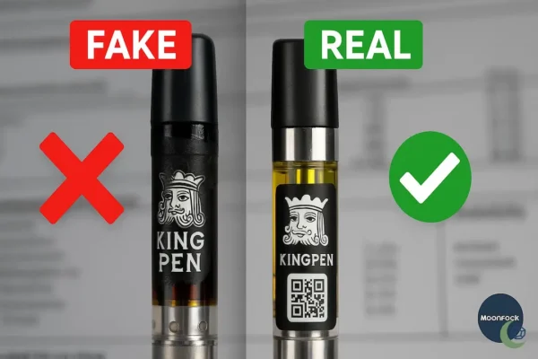 moonrock online shop site by site photo of this vape - Spot counterfeit pens by missing scratch codes, dark oil, and blurry labels. Moonrock verified authentic carts have lab-tested golden oil.