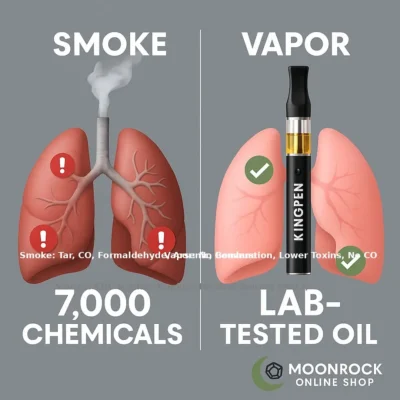 Infographic showing 7,000 chemicals in cigarette smoke versus 5 in lab-tested King Pen vape oil. Moonrock verified cannabis products.