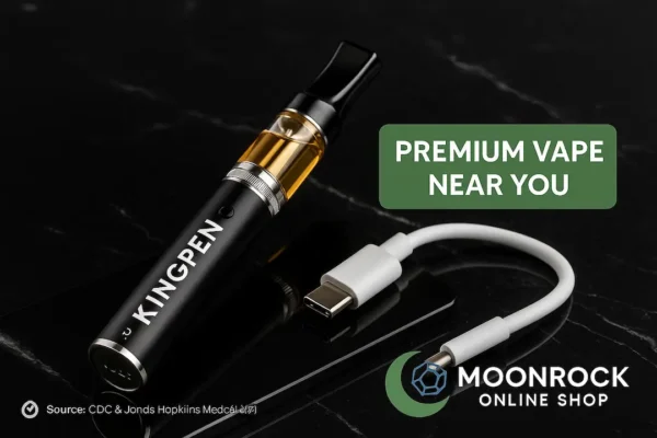 Premium King Pen Luxe vape pen with USB-C charger on black marble, verified by Moonrock and available near you.