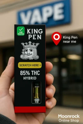 Authentic King Pen vape cartridge near me – lab-tested hybrid oil with 85% THC, scratch-to-verify label, and GPS location pin outside vape shop – Moonrock Online Shop