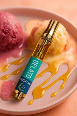 Gelato Smart Cart vape cartridge surrounded by melting ice cream and golden oil drips