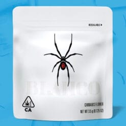 Buy Black Widow Online – Black Widow Cannabis Flower Packaging Buy Black Widow online showing Black Widow cannabis flower packaging with spider logo on white resealable pouch
