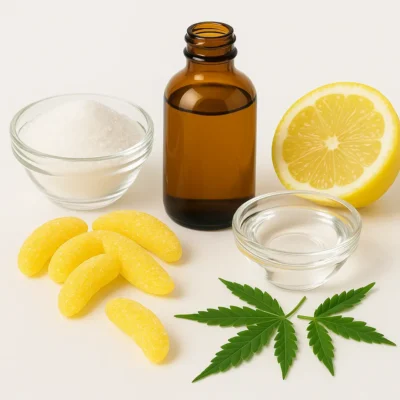 Ingredients for Banana Blast Candy – Premium THC Edibles by Moonrock Online Shop, showing banana-shaped THC gummies, raw sugar, corn syrup, cannabis extract oil, lemon for citric acid, and cannabis leaves on a white background