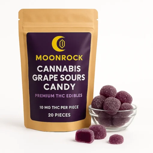 Buy Cannabis Grape Sours Candy -Moonrock THC Grape Edibles Buy Cannabis Grape Sours Candy – Moonrock premium THC grape edibles in eco-friendly pouch with sugar-dusted gummies on white background