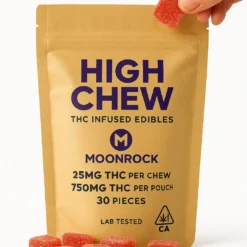 Moonrock High Chew Edibles 30 count, 25mg THC per chew, 750mg total THC, California compliant on white background