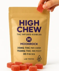 Buy High Chew Moonrock Edibles - 30ct 750mg THC Moonrock High Chew Edibles 30 count, 25mg THC per chew, 750mg total THC, California compliant on white background
