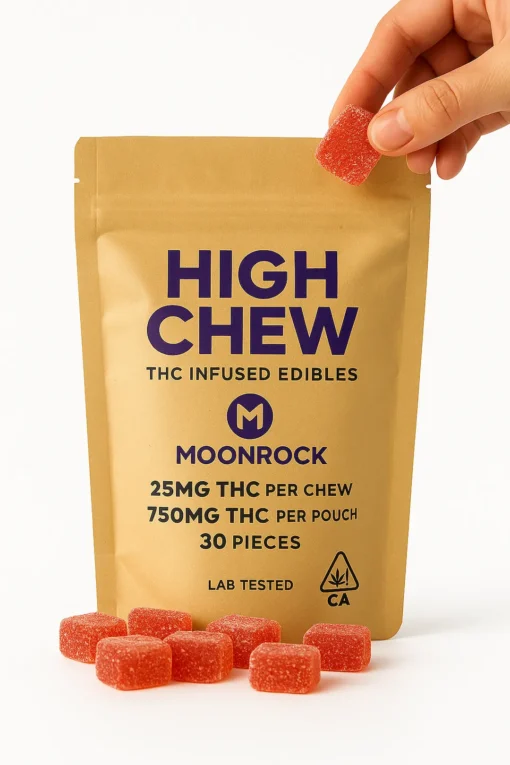 Buy High Chew Moonrock Edibles - 30ct 750mg THC Moonrock High Chew Edibles 30 count, 25mg THC per chew, 750mg total THC, California compliant on white background