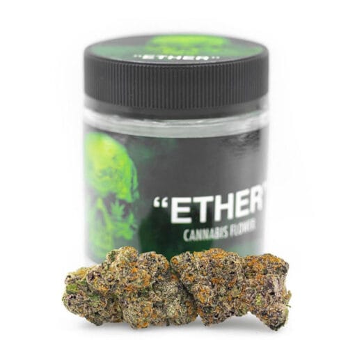 Buy Ether Strain Online | Ether Cannabis Flower with Branded Jar Buy Ether strain online showing Ether cannabis flower buds displayed in front of a branded jar