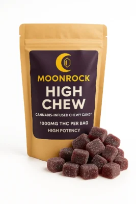 Buy High Chew Moonrock Edibles Online – cannabis-infused chewy candy in eco-friendly pouch on white background