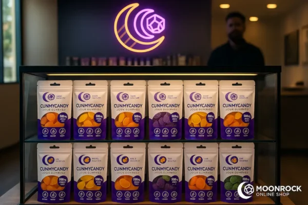 California cannabis dispensary display with rows of CUNMYCANDY 300mg THC Sour Gummies in 12 flavors, neon purple-gold signage, and Moonrock Online Shop branding.
