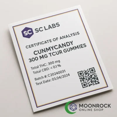 Official SC Labs Certificate of Analysis for CUNMYCANDY 300mg THC Sour Gummies with QR code verification and Moonrock Online Shop branding.