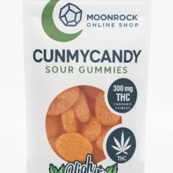 cunmycandy-300mg-thc-sour-gummies-clear.webp CUNMYCANDY 300mg THC Sour Gummies in clear resealable pouch with Moonrock Online Shop branding and lab-tested cannabis edible label.