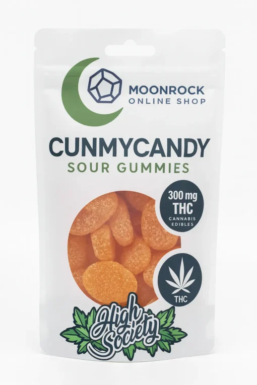 cunmycandy-300mg-thc-sour-gummies-clear.webp CUNMYCANDY 300mg THC Sour Gummies in clear resealable pouch with Moonrock Online Shop branding and lab-tested cannabis edible label.
