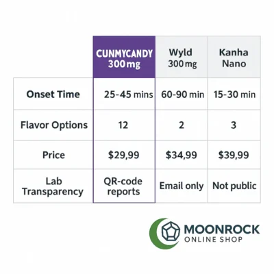 Infographic comparison of CUNMYCANDY 300mg THC gummies, Wyld 300mg, and Kanha Nano, showing onset time, flavor options, price, and lab transparency.
