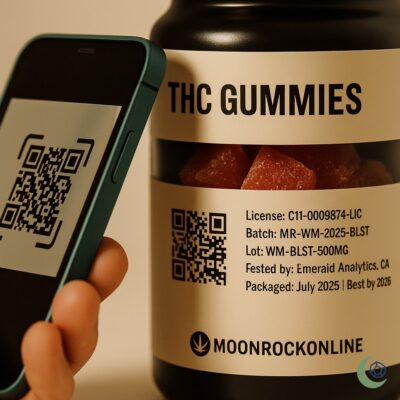 THC gummy container with visible compliance label and QR code, scanned by phone – MoonrockOnlineShop logo added