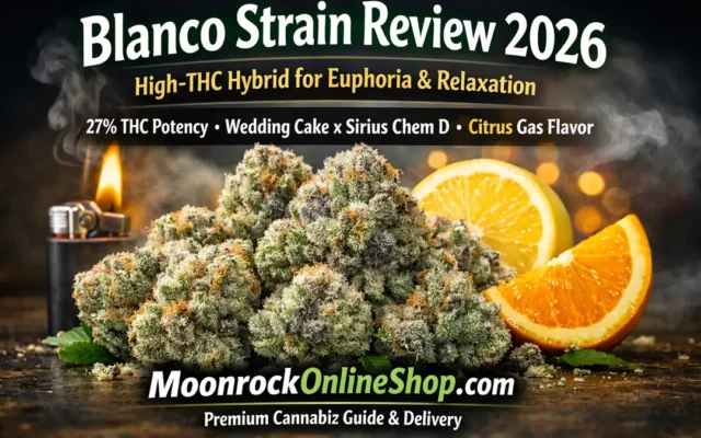 Blanco strain flower with gassy citrus profile featured in Blanco Strain Review 2026