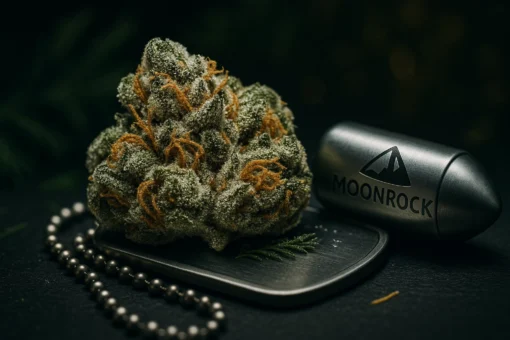 Legendary OG Kush Strain - Frosted Cannabis Nugs on Tactical Display Premium OG Kush Indica Hybrid on military dog tags Moonrock Online Shop