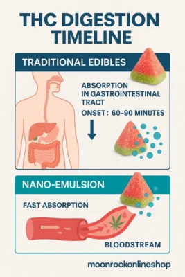 THC digestion timeline infographic showing faster absorption of nano-emulsified edibles vs traditional cannabis gummies