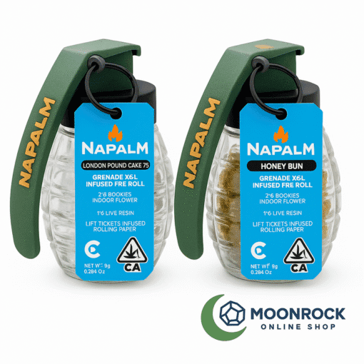 Buy Napalm Strain Online – Grenade-style cannabis pre-roll jars in London Pound Cake and Honey Bun, MoonrockOnlineShop branding on clean white background.