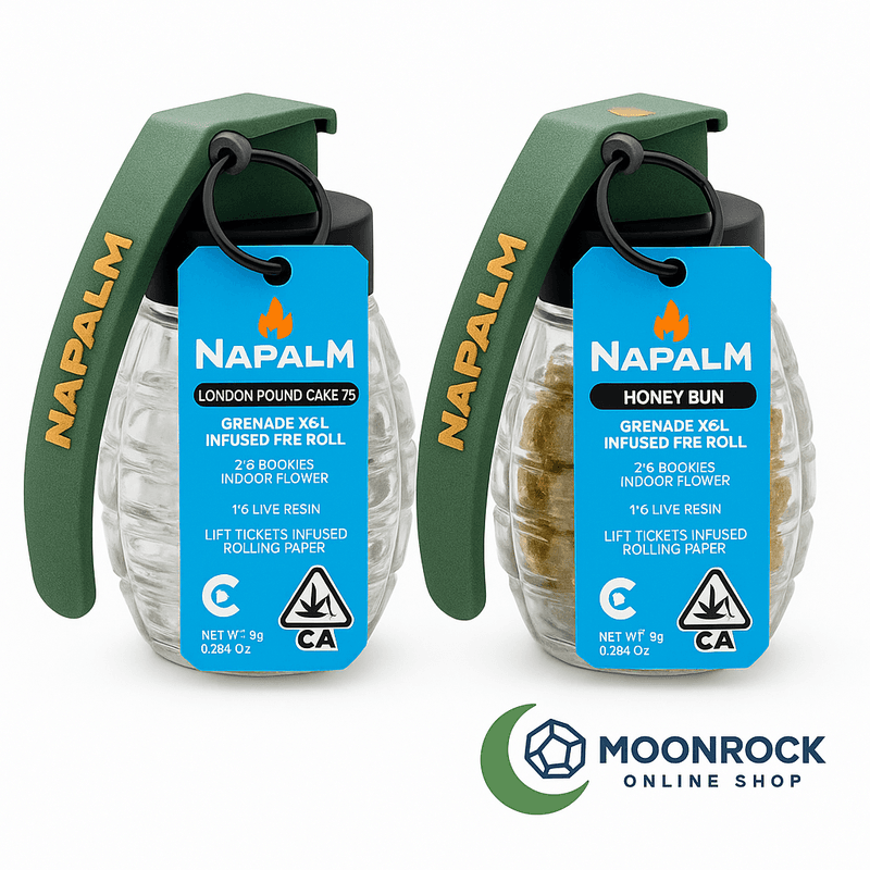 Buy Napalm Strain Online – Grenade-style cannabis pre-roll jars in London Pound Cake and Honey Bun, MoonrockOnlineShop branding on clean white background.