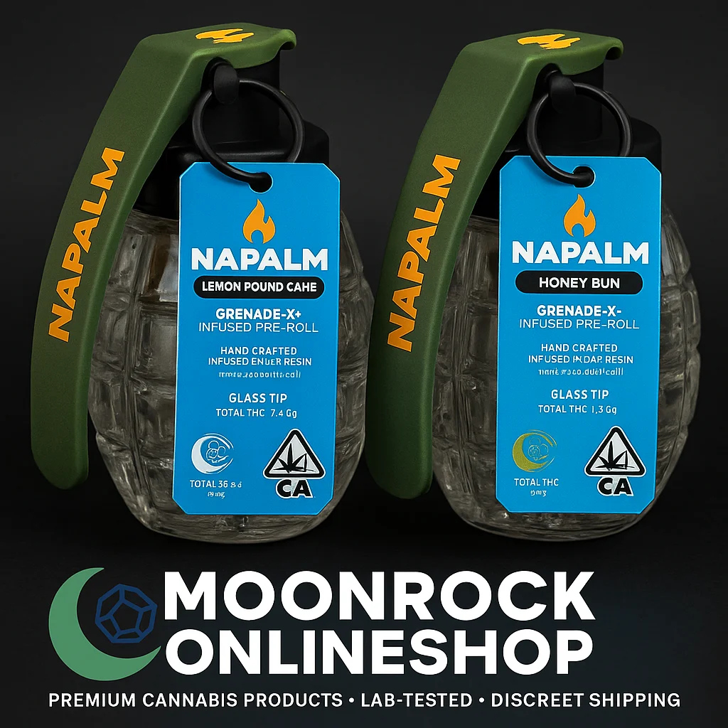 Two Napalm grenade-shaped cannabis pre-roll jars labeled Lemon Pound Cake and Honey Bun, placed side by side with MoonrockOnlineShop branding and compliant cannabis packaging.