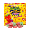 Close-up of Stoner Patch Gummies pack with colorful THC edibles on a wooden surface, branded with the Moonrock Online Shop logo.