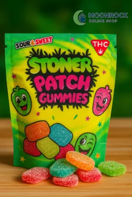 Package of Stoner Patch Gummies with colorful cannabis edibles displayed, featuring the Moonrock Online Shop logo.
