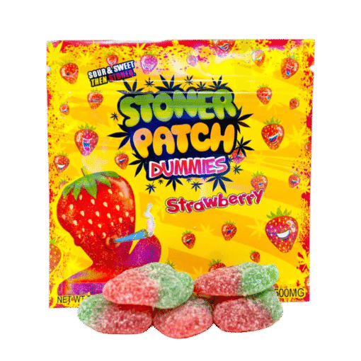 Close-up of Stoner Patch Gummies pack with colorful THC edibles on a wooden surface, branded with the Moonrock Online Shop logo.
