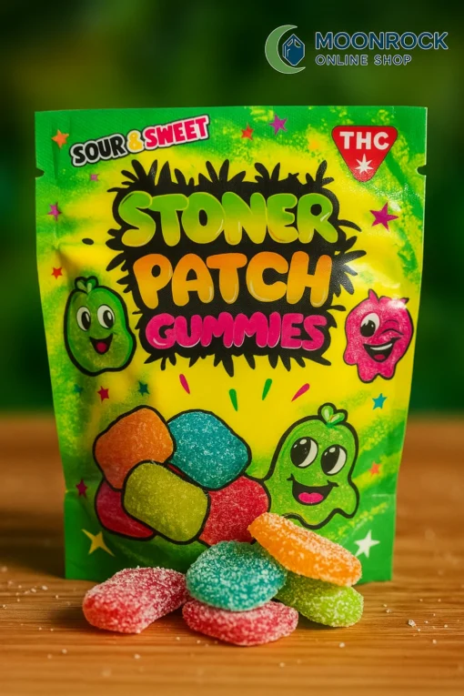 Close-up of Stoner Patch Gummies pack with colorful THC edibles on a wooden surface, branded with the Moonrock Online Shop logo.