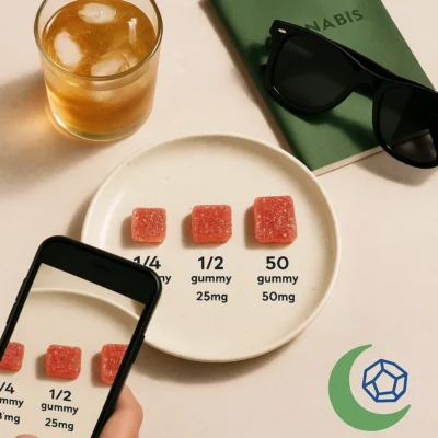 Dosing guide showing 12.5mg, 25mg, and 50mg THC gummy servings
