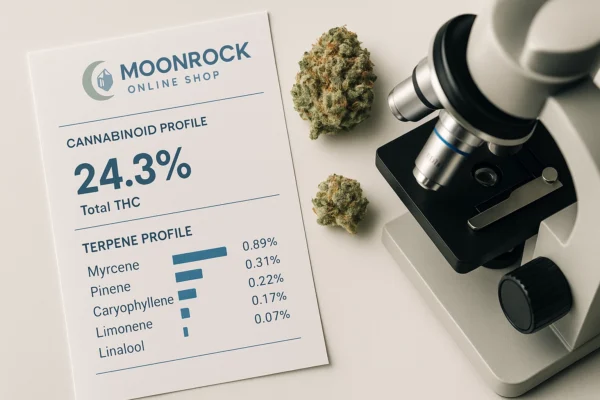 Lab-tested White Widow strain showing 24.3% THC and terpene profile with microscope – Buy White Widow Strain at Moonrock
