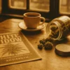 White Widow Heritage Shot | Vintage Amsterdam Coffee Shop Vintage Amsterdam coffee shop scene with White Widow buds and poster – Buy White Widow Strain online