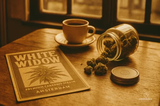 White Widow Heritage Shot | Vintage Amsterdam Coffee Shop Vintage Amsterdam coffee shop scene with White Widow buds and poster – Buy White Widow Strain online