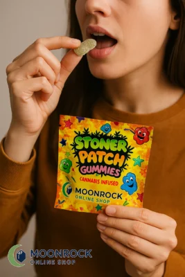 Woman eating a Stoner Patch Gummy while holding the product bag, with the Moonrock Online Shop logo on packaging.