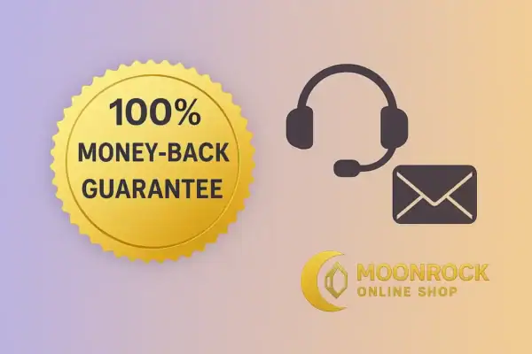Gold “100% Money-Back Guarantee” badge beside customer support icons on a purple and gold background, representing Moonrock Online Shop’s satisfaction policy.
