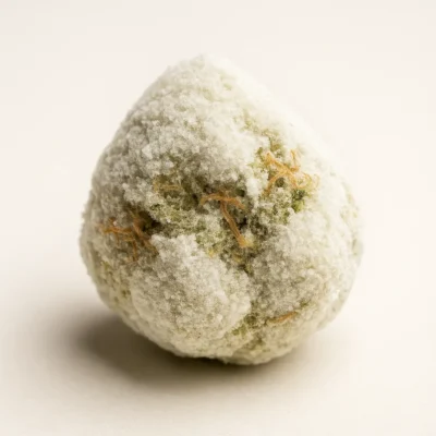 Close-up of Moonrock Ice 99% THCA ice-white nug showing frosty coating, golden oil layers, and trichome details for Moonrock Online Shop.